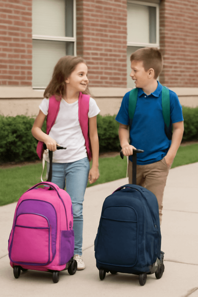 happy student with rolling bag