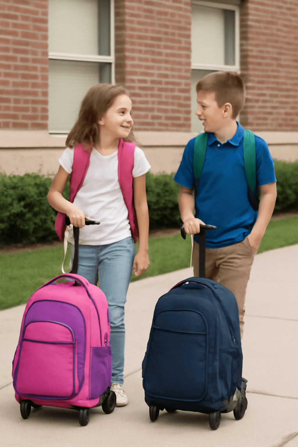 Happy student with rolling bag