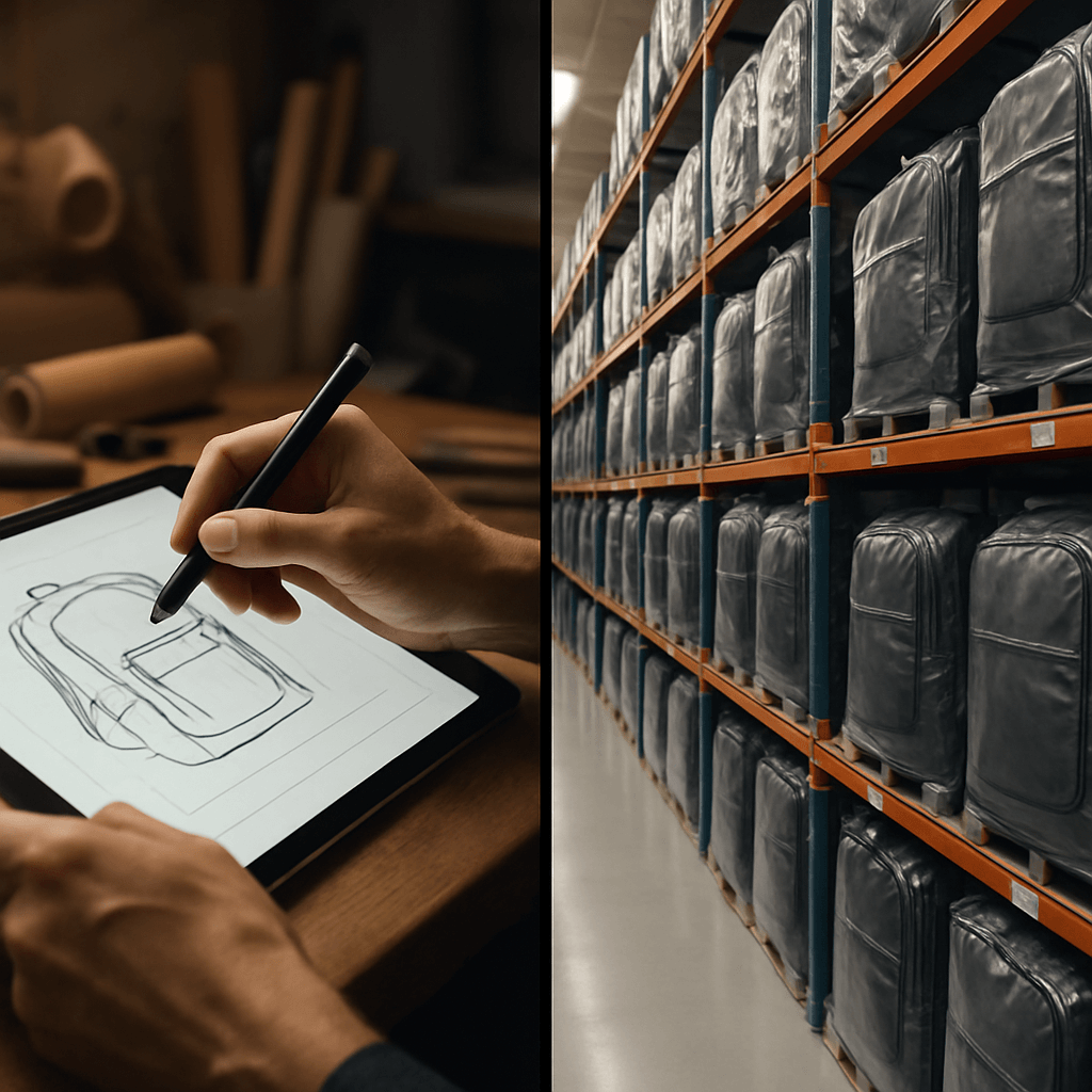 Featured Image A split-screen image comparing the custom backpack process, showing a designer's desk with sketches, against the stock backpack process, showing finished bags on warehouse shelves.