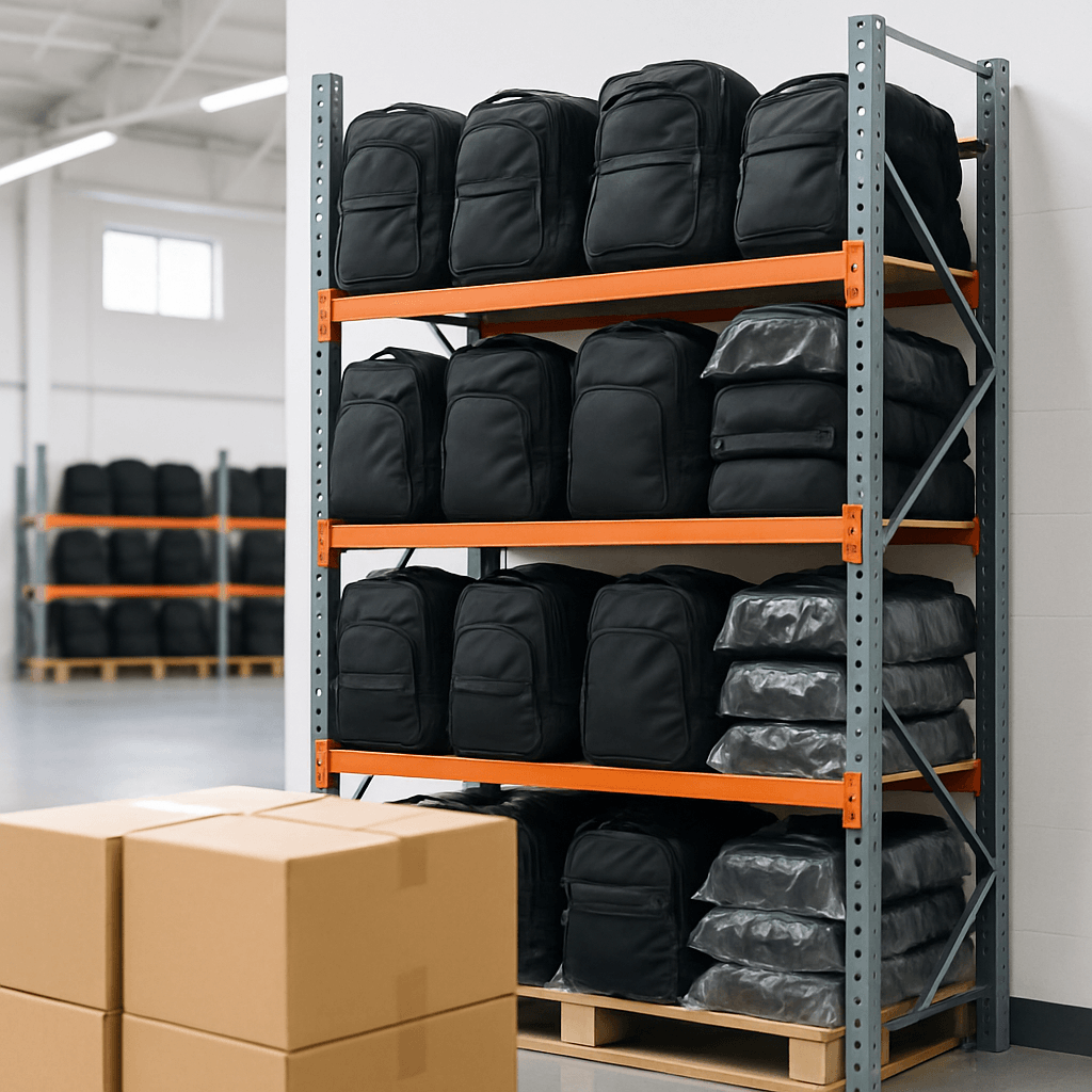 Neatly organized warehouse shelves filled with identical stock backpacks, illustrating the concept of ready-to-ship inventory.