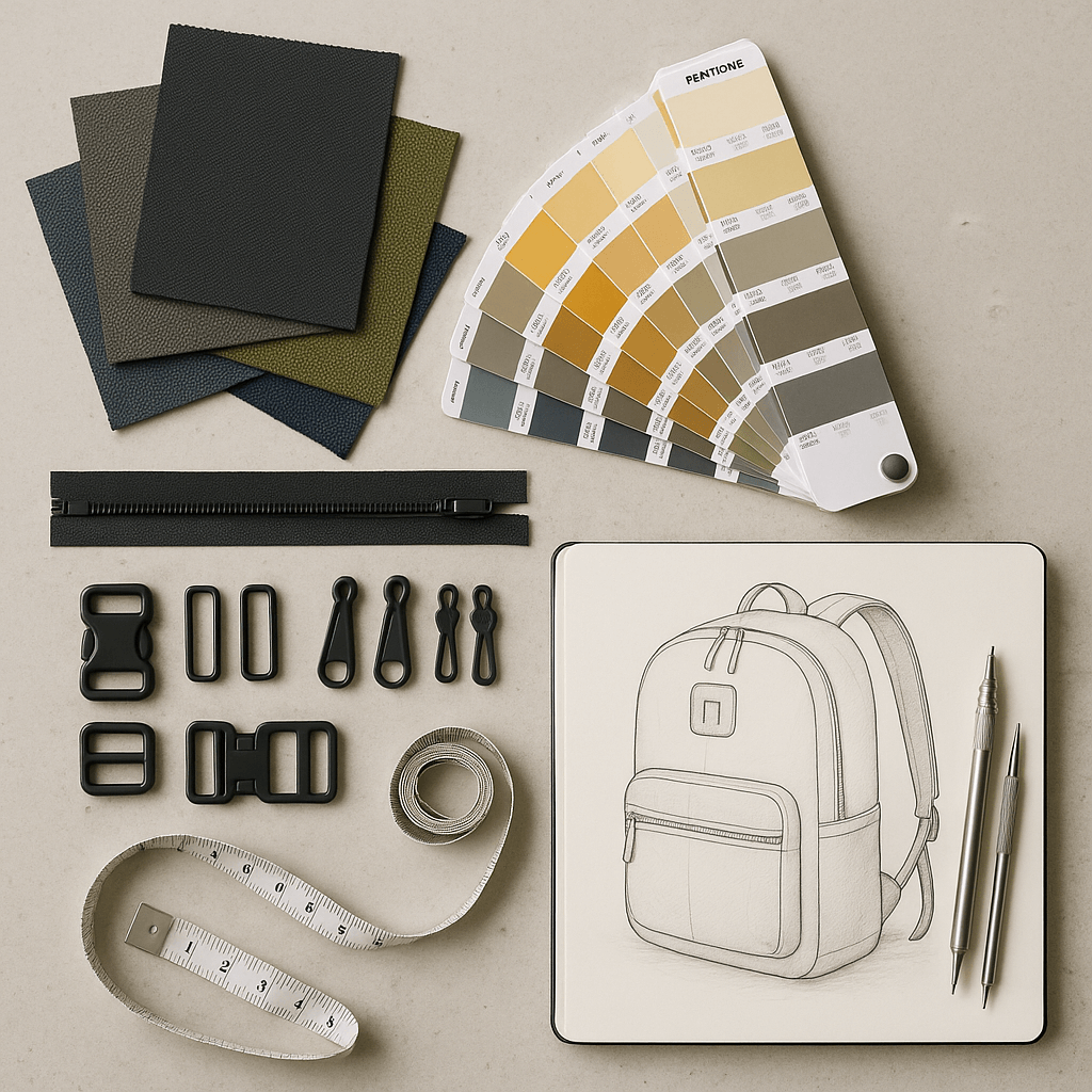 A designer's workspace showing fabric swatches, hardware samples, a color guide, and a design sketch for a fully custom backpack.