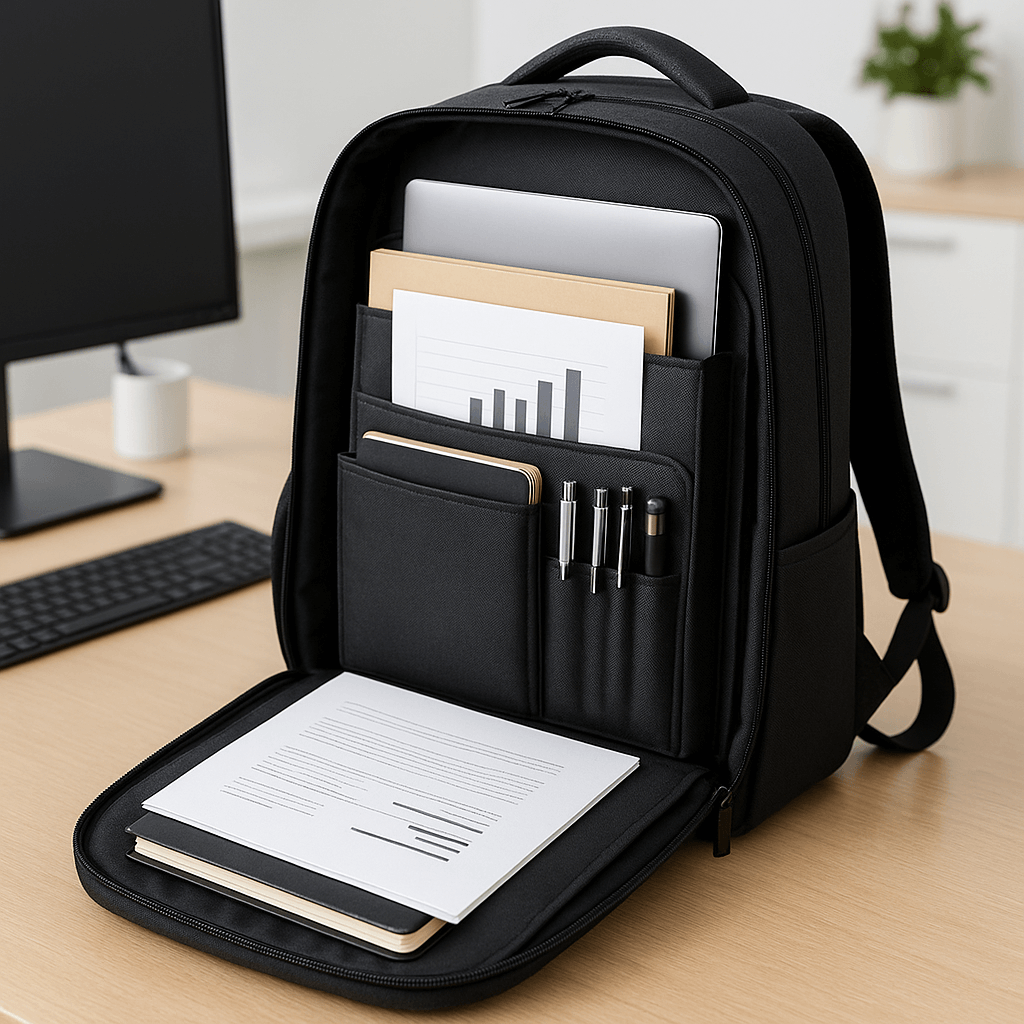 A backpack in an airport with a carry-on and personal item.